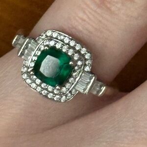 Emerald and diamond silver ring